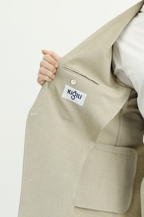Medium Beige 6 Drop Regular Fit Linen Blend Elasticated Waist Drawstring Belted Double-Breasted Suit