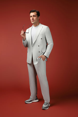  Açık Gri Regular Fit Keten Karışımlı Kruvaze Takım Elbise