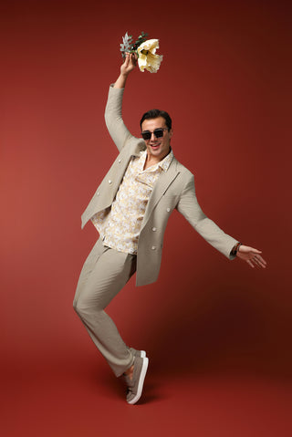  Orta Bej Regular Fit Keten Karışımlı Kruvaze Takım Elbise