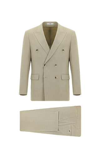  Orta Bej 6 Drop Regular Fit Standart Kesim Keten Karışımlı Kruvaze Takım Elbise