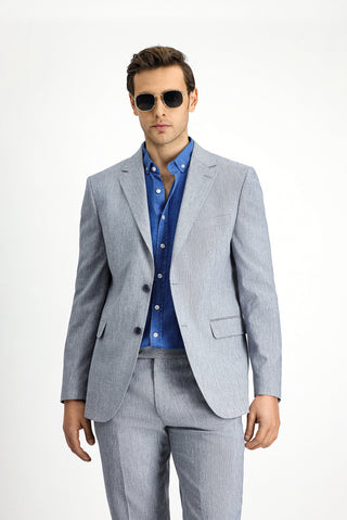  Açık Lacivert 7 Drop Slim Fit Dar Kesim Keten Karışımlı Takım Elbise