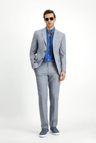  Açık Lacivert Slim Fit Dar Kesim Keten Karışımlı Takım Elbise