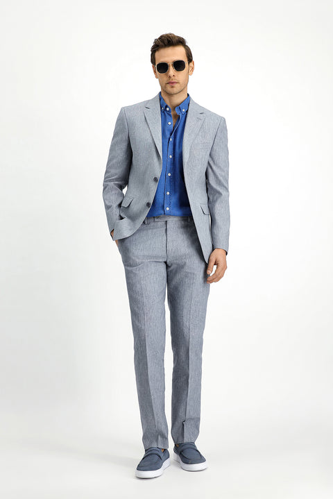 Açık Lacivert 7 Drop Slim Fit Dar Kesim Keten Karışımlı Takım Elbise