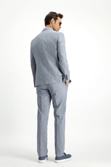 Açık Lacivert Slim Fit Dar Kesim Keten Karışımlı Takım Elbise
