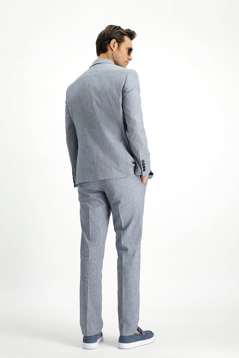 Açık Lacivert 7 Drop Slim Fit Dar Kesim Keten Karışımlı Takım Elbise