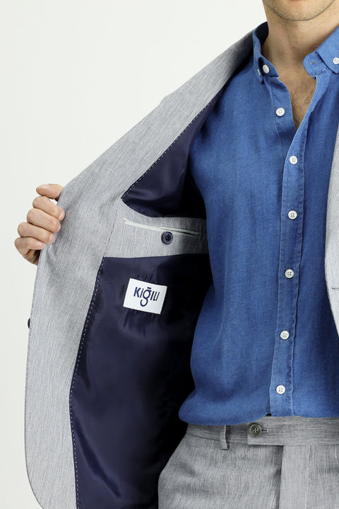 Açık Lacivert 7 Drop Slim Fit Dar Kesim Keten Karışımlı Takım Elbise