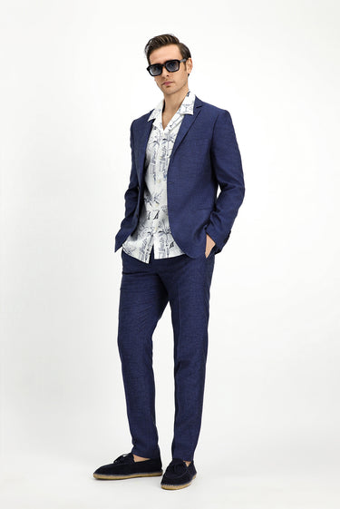 Koyu Lacivert Super Slim Fit Ekstra Dar Kesim Beli Lastikli İpli Çizgili Ketenli Takım Elbise