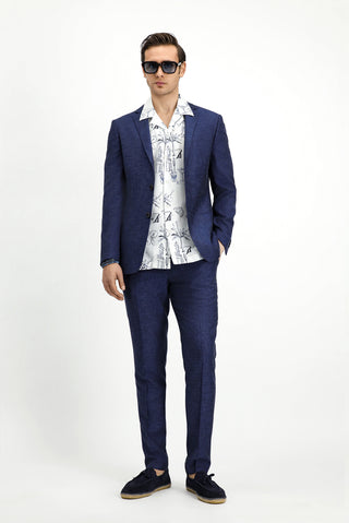  Koyu Lacivert Regular Fit Beli Lastikli İpli Çizgili Ketenli Takım Elbise