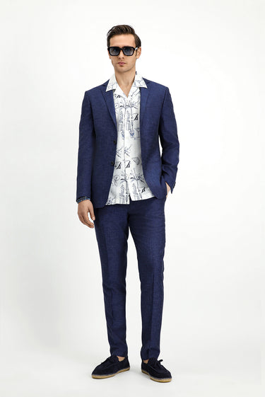 Koyu Lacivert Super Slim Fit Ekstra Dar Kesim Beli Lastikli İpli Çizgili Ketenli Takım Elbise