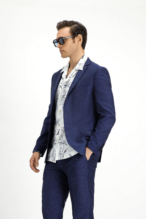 Koyu Lacivert 7 Drop Super Slim Fit Eksra Dar Kesim Beli Lastikli İpli Çizgili Ketenli Takım Elbise