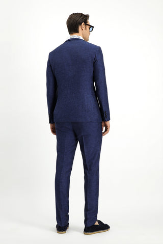  Koyu Lacivert 7 Drop Super Slim Fit Eksra Dar Kesim Beli Lastikli İpli Çizgili Ketenli Takım Elbise
