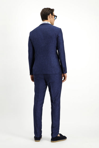Koyu Lacivert Super Slim Fit Ekstra Dar Kesim Beli Lastikli İpli Çizgili Ketenli Takım Elbise