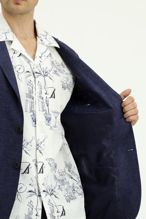 Koyu Lacivert 7 Drop Super Slim Fit Eksra Dar Kesim Beli Lastikli İpli Çizgili Ketenli Takım Elbise