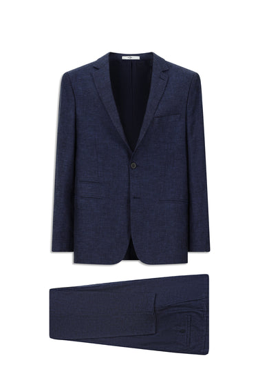 Koyu Lacivert Super Slim Fit Ekstra Dar Kesim Beli Lastikli İpli Çizgili Ketenli Takım Elbise