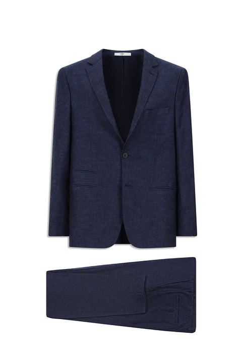 Koyu Lacivert 7 Drop Super Slim Fit Eksra Dar Kesim Beli Lastikli İpli Çizgili Ketenli Takım Elbise