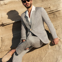 Açık Gri 7 Drop Slim Fit Dar Kesim Keten Karışımlı Kruvaze Takım Elbise