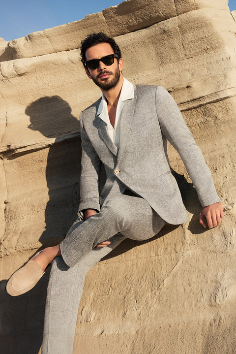 Açık Gri 7 Drop Slim Fit Dar Kesim Keten Karışımlı Kruvaze Takım Elbise