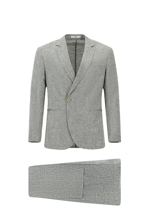 Açık Gri 7 Drop Slim Fit Dar Kesim Keten Karışımlı Kruvaze Takım Elbise