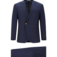 Koyu Lacivert 7 Drop Slim Fit Dar Kesim Keten Karışımlı Kruvaze Takım Elbise