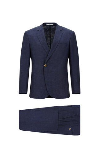  Koyu Lacivert 7 Drop Slim Fit Dar Kesim Keten Karışımlı Kruvaze Takım Elbise