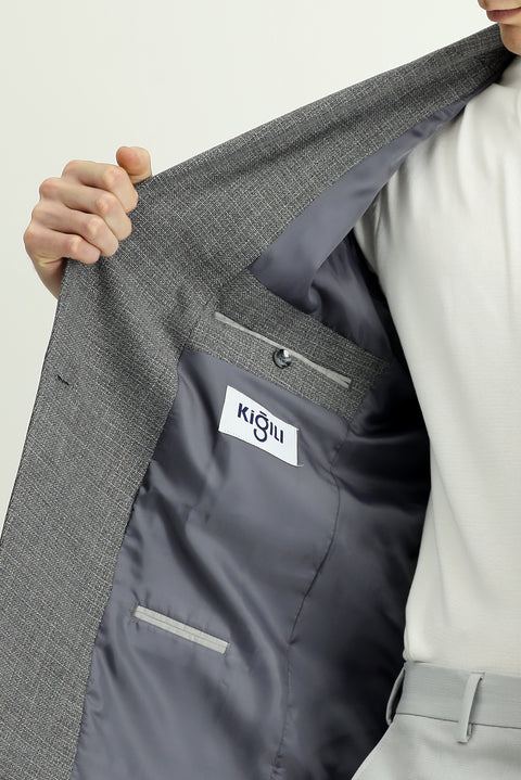 Medium Grey 7 Drop Super Slim Fit Extra Narrow Cut Patterned Double-Breasted Jacket