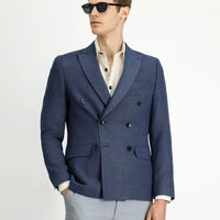 Orta Lacivert Super Slim Fit Ekstra Dar Kesim Desenli Kruvaze Ceket
