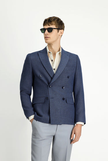 Orta Lacivert Super Slim Fit Ekstra Dar Kesim Desenli Kruvaze Ceket