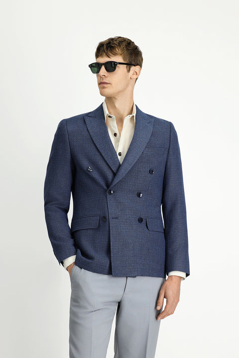 Orta Lacivert 7 Drop Super Slim Fit Eksra Dar Kesim Desenli Kruvaze Ceket