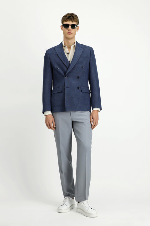 Medium Navy 7 Drop Slim Fit Patterned Double-Breasted Jacket