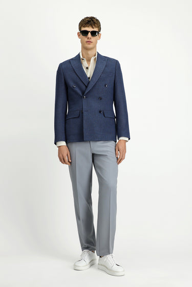 Orta Lacivert Super Slim Fit Ekstra Dar Kesim Desenli Kruvaze Ceket
