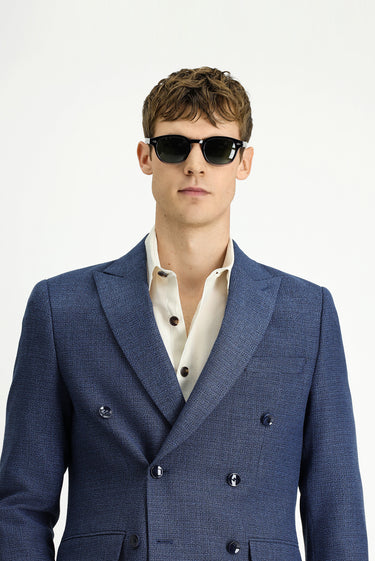 Orta Lacivert Super Slim Fit Ekstra Dar Kesim Desenli Kruvaze Ceket