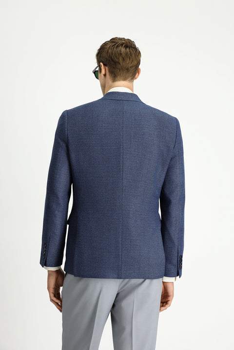 Orta Lacivert 7 Drop Slim Fit Dar Kesim Desenli Kruvaze Ceket