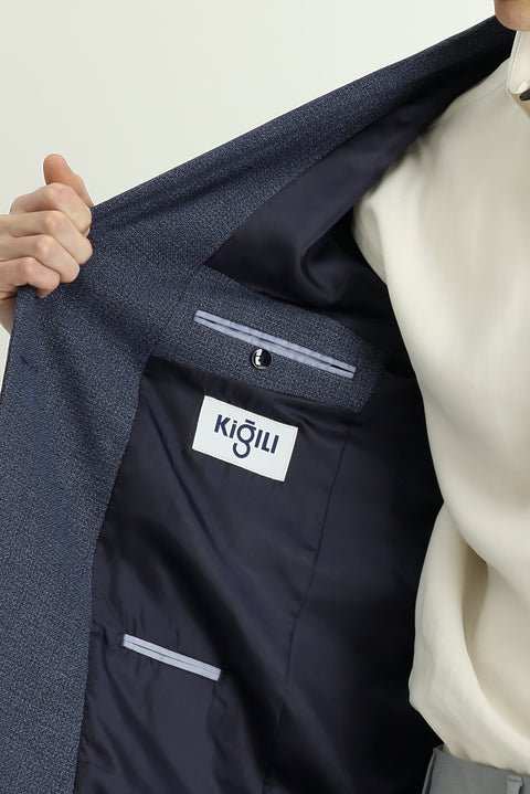 Orta Lacivert 7 Drop Slim Fit Dar Kesim Desenli Kruvaze Ceket