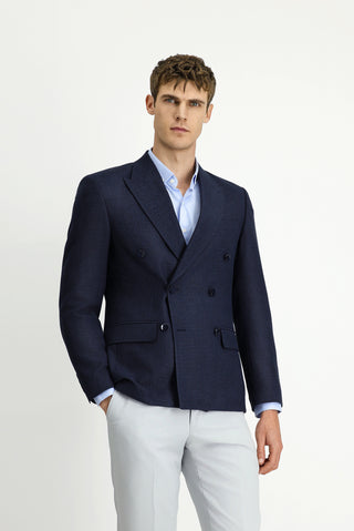  Koyu Lacivert Slim Fit Dar Kesim Desenli Kruvaze Ceket