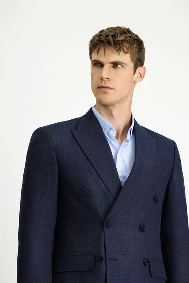  Koyu Lacivert Slim Fit Dar Kesim Desenli Kruvaze Ceket