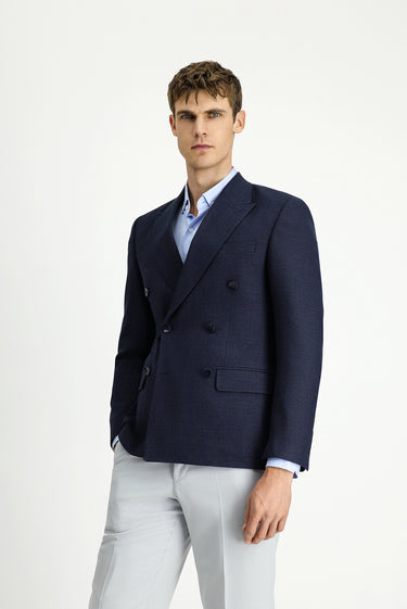 Koyu Lacivert Slim Fit Dar Kesim Desenli Kruvaze Ceket