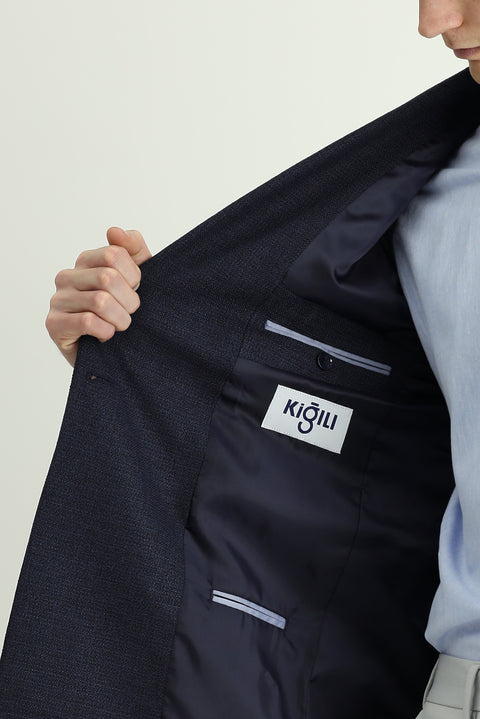 Koyu Lacivert 7 Drop Super Slim Fit Eksra Dar Kesim Desenli Kruvaze Ceket