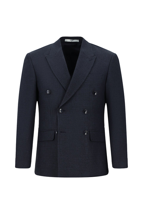 Koyu Lacivert 6 Drop Regular Fit Standart Kesim Desenli Kruvaze Ceket