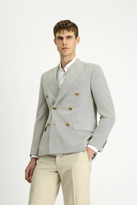 Light Beige 7 Drop Super Slim Fit Extra Narrow Cut Patterned Double-Breasted Jacket