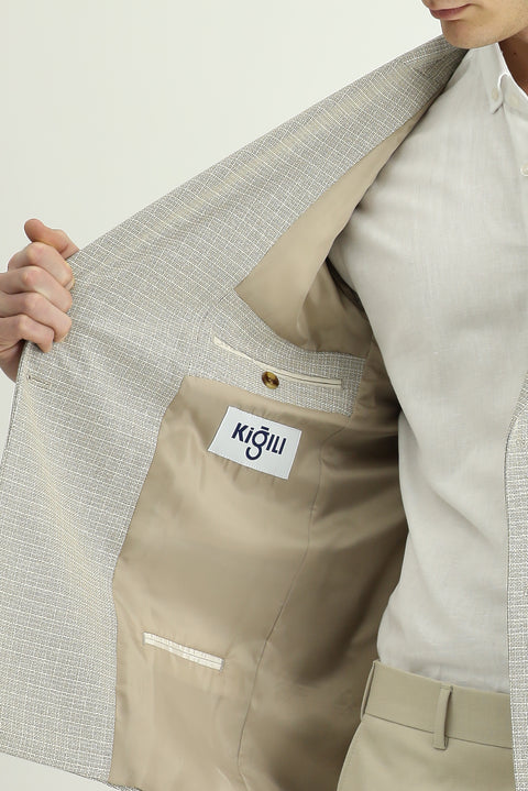 Açık Bej 7 Drop Slim Fit Dar Kesim Desenli Kruvaze Ceket