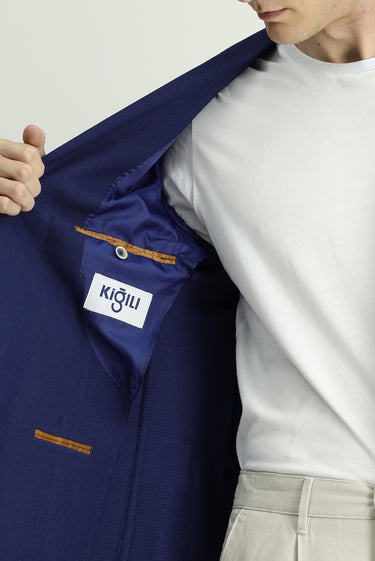 Orta Lacivert Regular Fit Likralı Desenli Spor Ceket