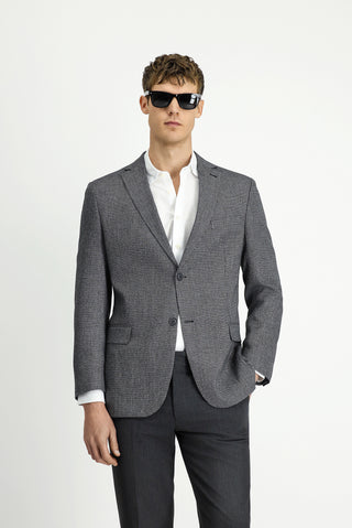  Siyah 7 Drop Slim Fit Dar Kesim Klasik Keten Karışımlı Desenli Ceket