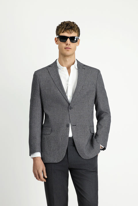 Siyah 7 Drop Slim Fit Dar Kesim Klasik Keten Karışımlı Desenli Ceket