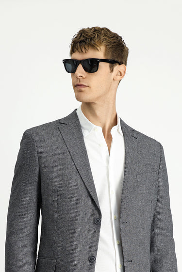 Siyah Slim Fit Dar Kesim Klasik Keten Karışımlı Desenli Ceket