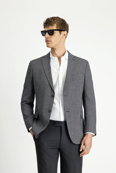 Siyah Slim Fit Dar Kesim Klasik Keten Karışımlı Desenli Ceket