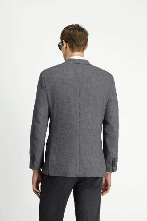Black 4-Drop Relaxed Fit Classic Linen Blend Patterned Jacket