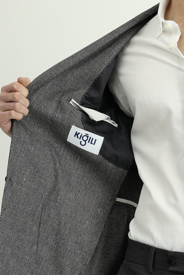Siyah Relaxed Fit Rahat Kesim Klasik Keten Karışımlı Desenli Ceket