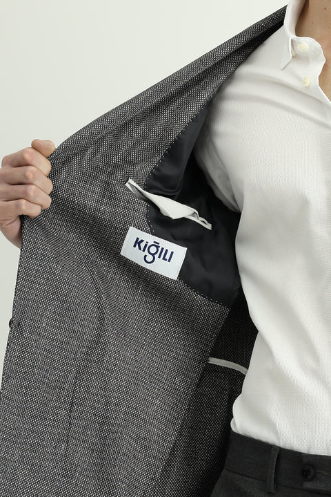 Siyah 7 Drop Slim Fit Dar Kesim Klasik Keten Karışımlı Desenli Ceket