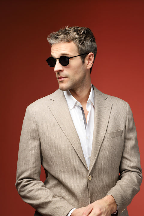 Orta Bej 7 Drop Slim Fit Dar Kesim Klasik Keten Karışımlı Desenli Ceket