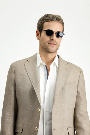  Orta Bej Slim Fit Dar Kesim Klasik Keten Karışımlı Desenli Ceket